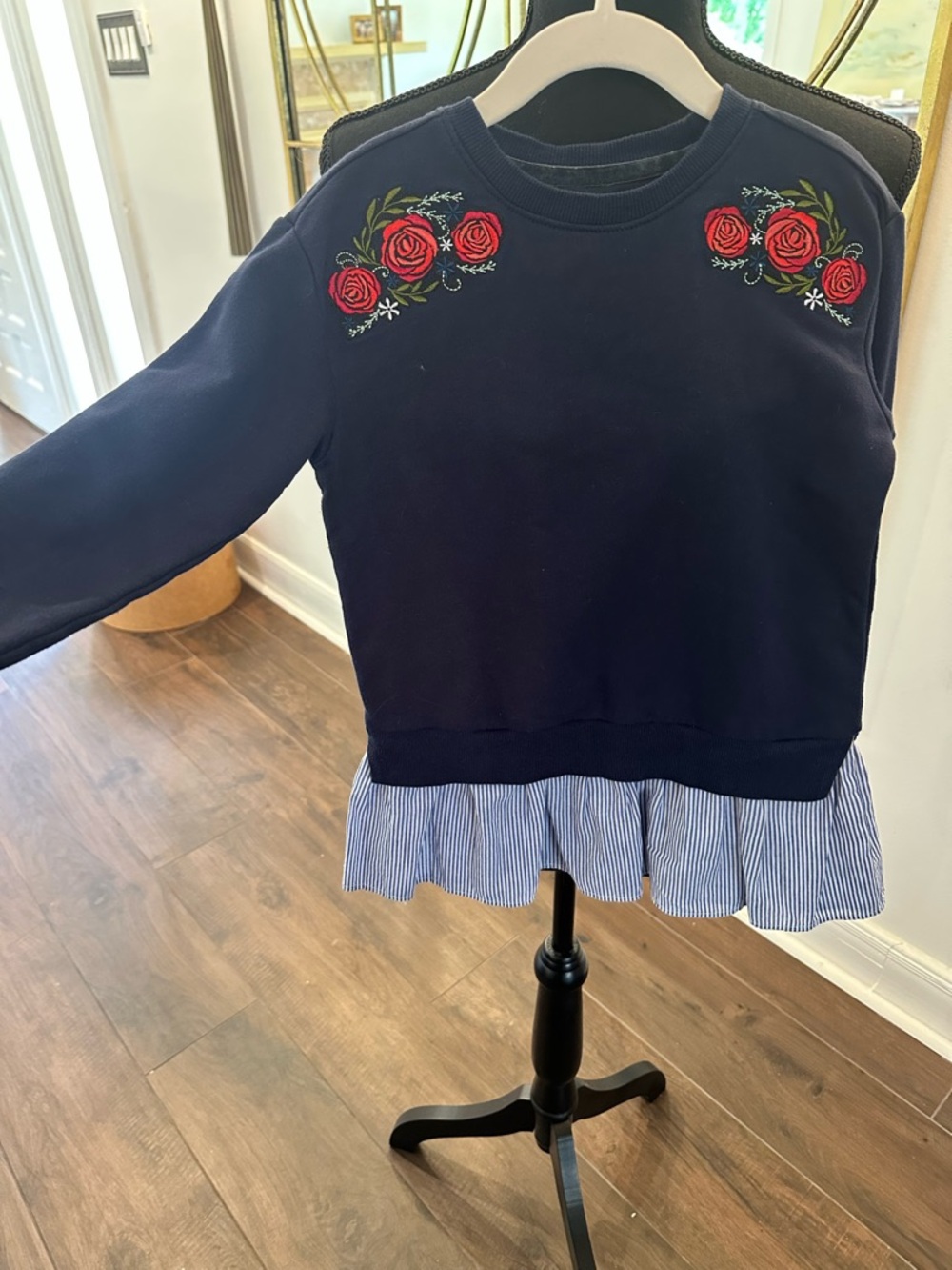 BCBG girls Navy Sweater with Red Rose Embroidery size 6